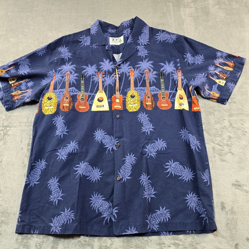 KY'S Hawaiian Shirt Mens XL Navy Blue Pineapple Ukulele Made in USA Aloha Tiki